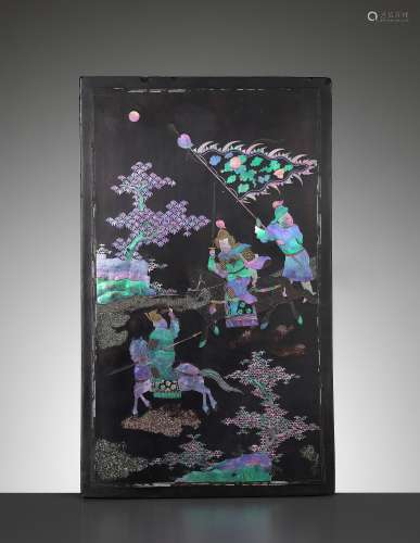 A MOTHER-OF-PEARL-INLAID BLACK LACQUER TABLE SCREEN PANEL, K...