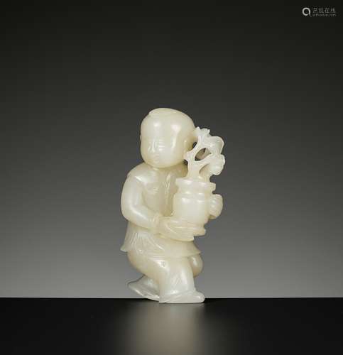 A PALE CELADON JADE FIGURE OF A BOY WITH A LINGZHI VASE, 18T...