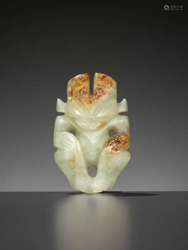 A RARE YELLOW AND RUSSET JADE 'HUMANOID FIGURE' PENDANT, HON...