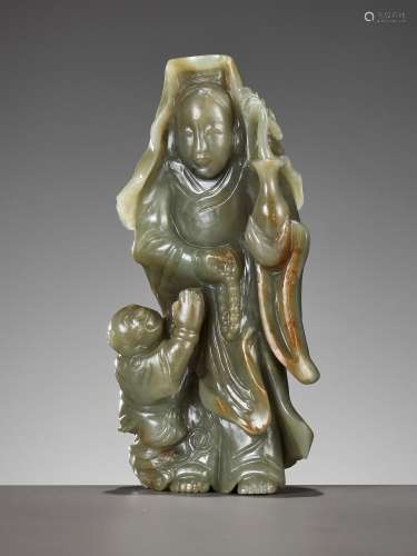 A DEEP CELADON AND RUSSET JADE 'GUANYIN AND SHANCAI' GROUP, ...