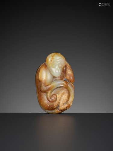 A PALE CELADON AND RUSSET JADE FIGURE OF A MONKEY, QING DYNA...