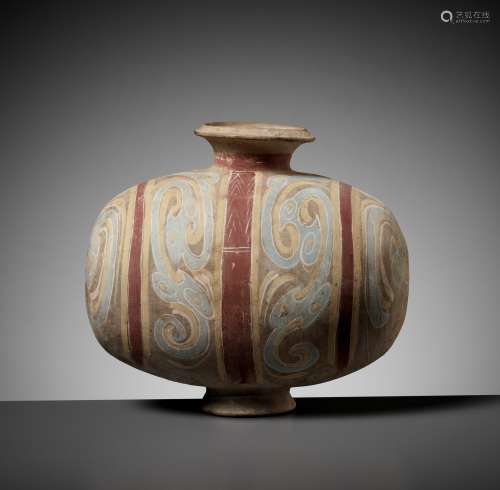 AN ABSTRACTLY PAINTED POTTERY COCOON JAR, HAN DYNASTY