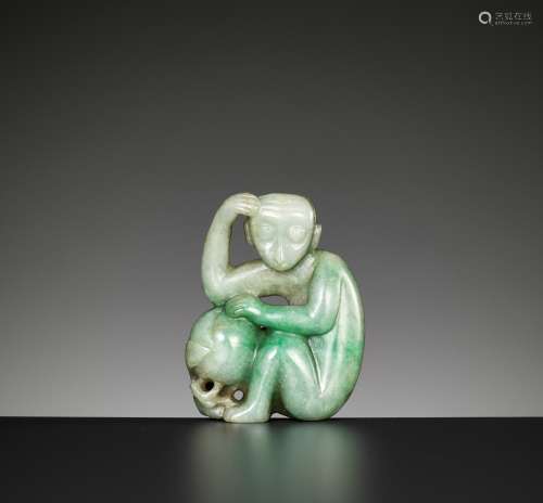 A JADEITE PENDANT OF A MONKEY WITH PEACH, LATE QING TO REPUB...