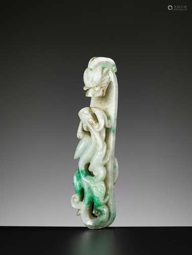 AN APPLE AND EMERALD GREEN JADEITE 'CHILONG' BELT HOOK, LATE...