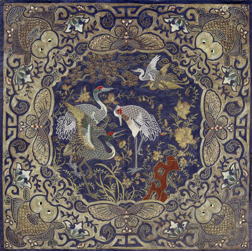 A SILK BROCADE 'FIVE CRANES' WALL HANGING, LATE QING DYNASTY