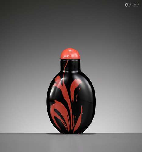 A SWIRLED GLASS 'BLOOD STONE IMITATION' SNUFF BOTTLE 19TH CE...