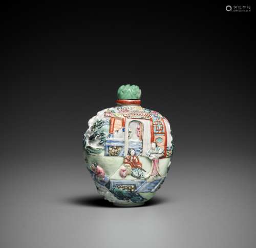 AN IMPERIAL MOLDED AND ENAMELED PORCELAIN SNUFF BOTTLE, JIAQ...