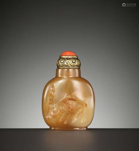 A CAMEO AGATE 'TETHERED HORSE' SNUFF BOTTLE, OFFICIAL SCHOOL...