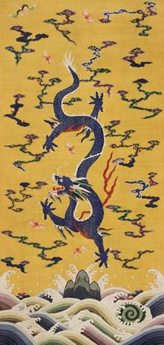 AN IMPERIAL YELLOW KESI PANEL DEPICTING AN AZURE DRAGON, QIN...