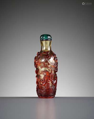 A RUBY-RED OVERLAY GLASS 'DRAGON CARP' SNUFF BOTTLE, QING DY...