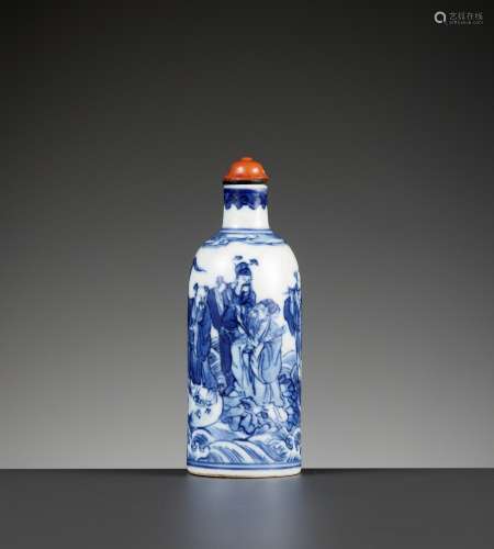 A BLUE AND WHITE 'EIGHT IMMORTALS' SNUFF BOTTLE, QING DYNAST...