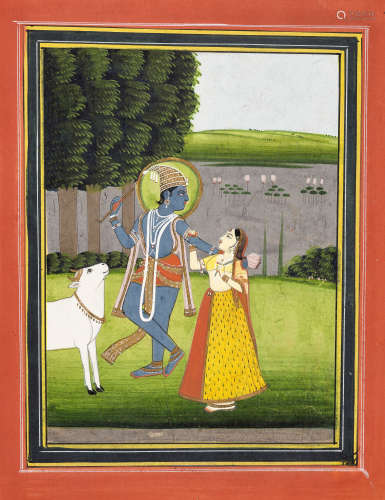 AN INDIAN MINIATURE PAINTING OF KRISHNA AND RADHA BY THE YAM...