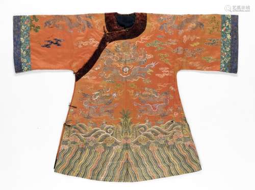 A SALMON GROUND EMBROIDERED 'DRAGON' ROBE, QING DYNASTY