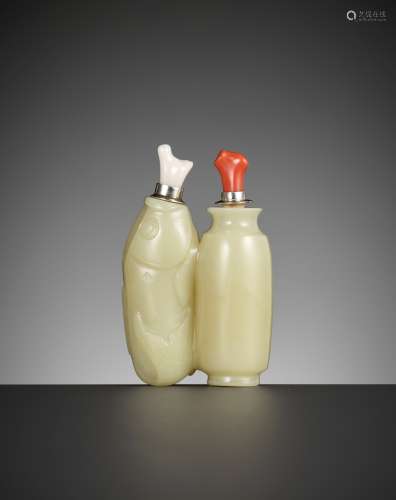 A PALE-YELLOW GLASS 'IMITATION JADE' DOUBLE SNUFF BOTTLE, PO...