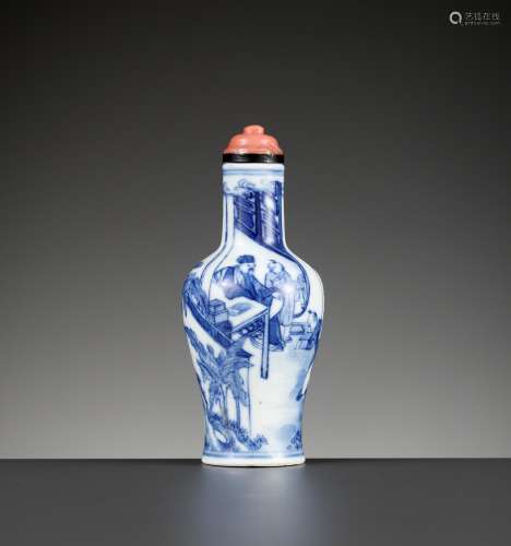 A BLUE AND WHITE 'SCHOLARS' SNUFF BOTTLE, QING DYNASTY