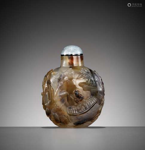 A SHADOW AGATE 'LIU HAI LURING THE GOLDEN TOAD' SNUFF BOTTLE...
