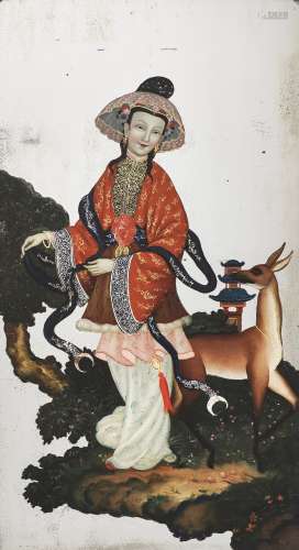 A REVERSE-GLASS MIRROR PAINTING OF A NOBLE LADY WITH DEER, C...