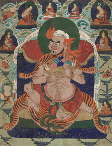 A LARGE THANGKA OF A WRATHFUL DEITY, REBGONG, 18TH-19TH CENT...