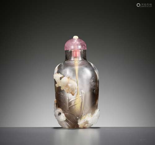 A SMOKEY ROCK CRYSTAL 'DRAGON GATE' SNUFF BOTTLE, 18TH CENTU...