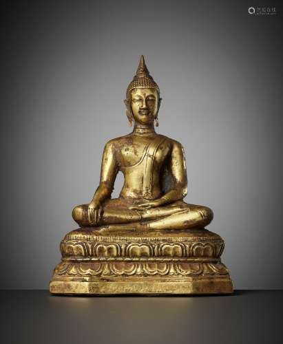 A GOLD REPOUSSE FIGURE OF BUDDHA SHAKYAMUNI, AYUTTHAYA KINGD...