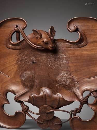 A CARVED 'BAT AND COINS' WOOD TRAY, NGUYEN DYNASTY, REIGN PE...