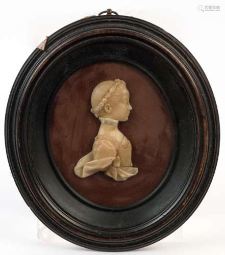 An antique wax relief profile portrait in oval frame, early ...