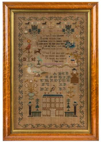 An antique sampler in maple frame, 19th century, 58 x37cm, 7...