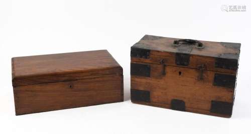 An antique elm deed box and a metal bound Baltic pine box, 1...