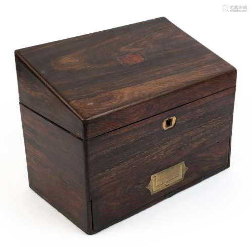 An antique rosewood slope-top jewellery box with single draw...