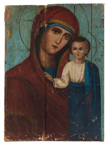 Mary and baby Jesus religious icon, hand-painted on timber p...