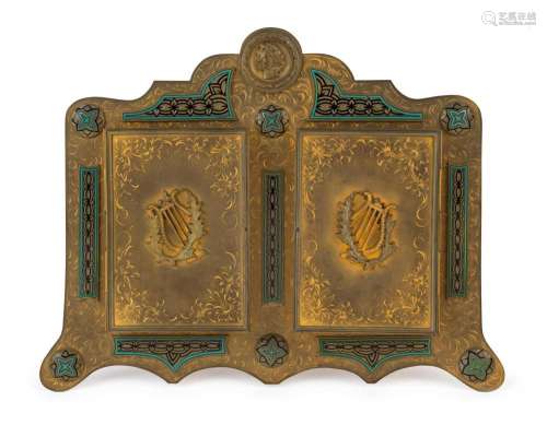 An antique French gilt bronze and enamel twin standing pictu...