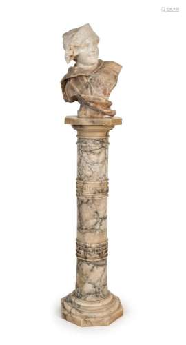 An antique carved alabaster bust on pedestal, 19th century, ...