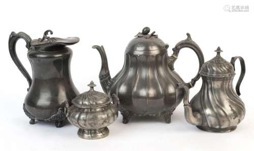 Four pieces of antique pewter tea ware, 19th century, the la...