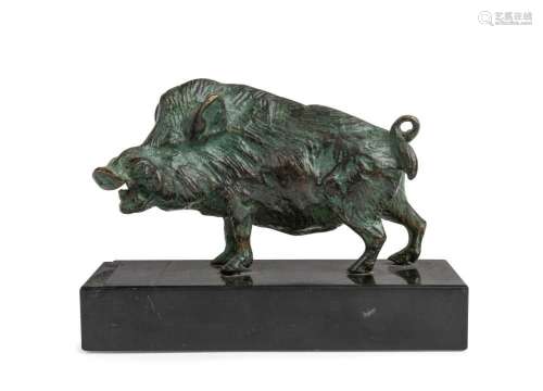 An antique statue of a wild boar, cast bronze on Belgium bla...