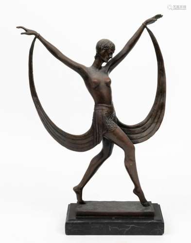 An Art Deco spelter statue of a dancing female on black slat...