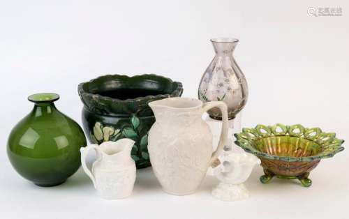 Pottery jardiniÃ¨re, porcelain jugs, Royal Worcester shell v...