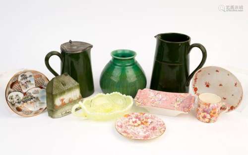 Green pottery jugs, cottage moneybox, green pottery vase, ye...