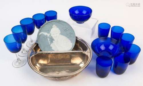 Assorted Bristol blue glassware, silver plated savory dish a...