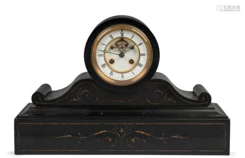 A French mantel clock in Belgian black slate case with carve...