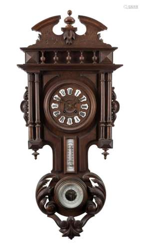 An antique weather station wall clock in a carved walnut cas...