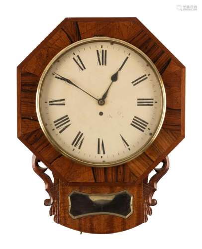 An antique English drop-dial wall clock in rosewood and waln...
