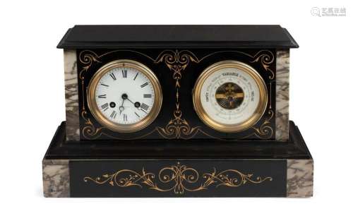 An antique French clock and barometer in a black slate case ...