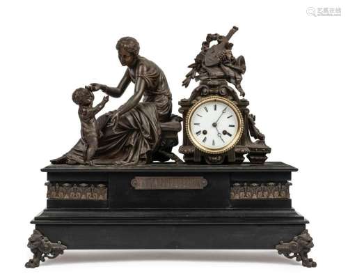 An antique French figural mantel clock, cast spelter and Bel...