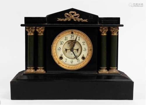 ANSONIA American mantel clock in ebonized metal case with gr...