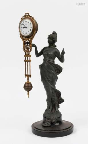 DIANA Mystery clock, cast metal statue on ebonized wooden pl...