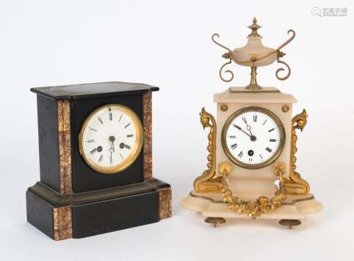 Two antique French mantel clocks, one black slate and rouge ...