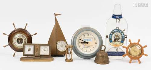 Maritime themed barometer, clocks, hourglass, advertising cl...
