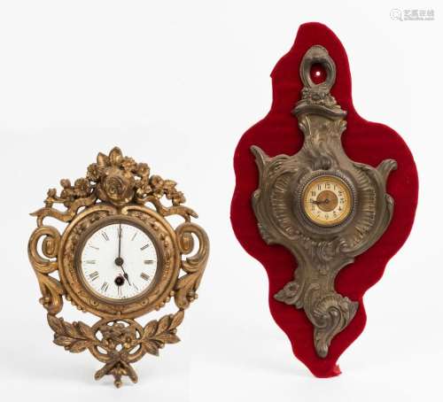 Two antique wall clocks with time only movements in gilt met...
