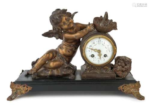 An antique French figure gilt metal and timber mantel clock ...