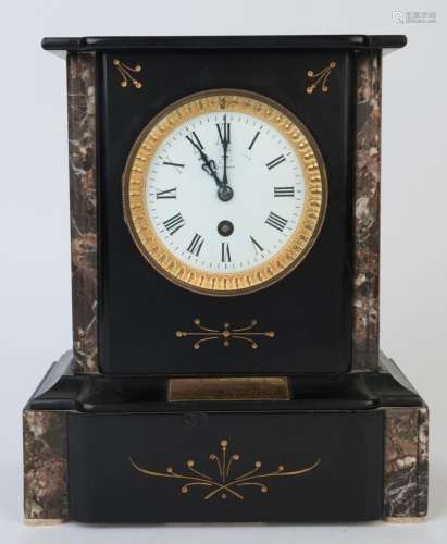 An antique French mantel clock in marble and slate case, tim...